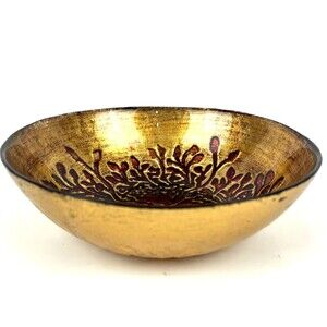 Vintage Art glass Bowl Ruby Red Coral Gold enamel metallic embossed MCM